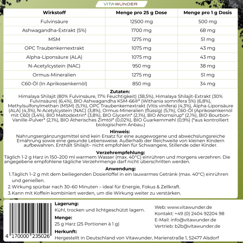 Vitawunder Shilajit Supreme Vitality - Wirkstoffe und Inhaltsstoffe auf 25g und 1g
